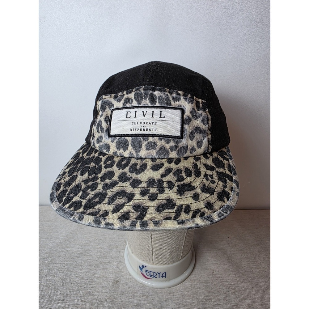 Civil 5 Panel Hat Cap Leopard Print Black Adjustable Leather Strap Jogging